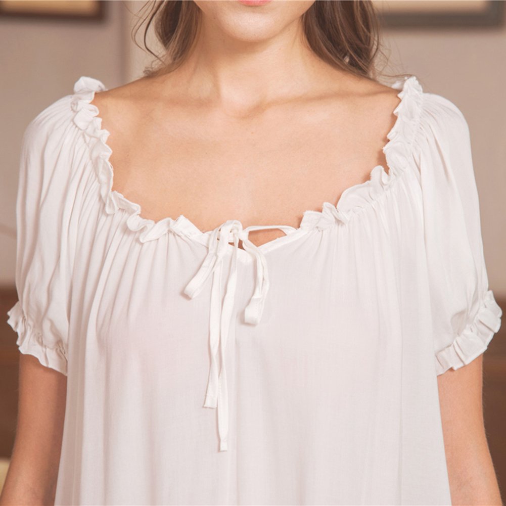 Flaydigo Women Nightdress,Short Sleeve Vintage Nightgown Victorian Sleepwear Lounge Dress, White, Large