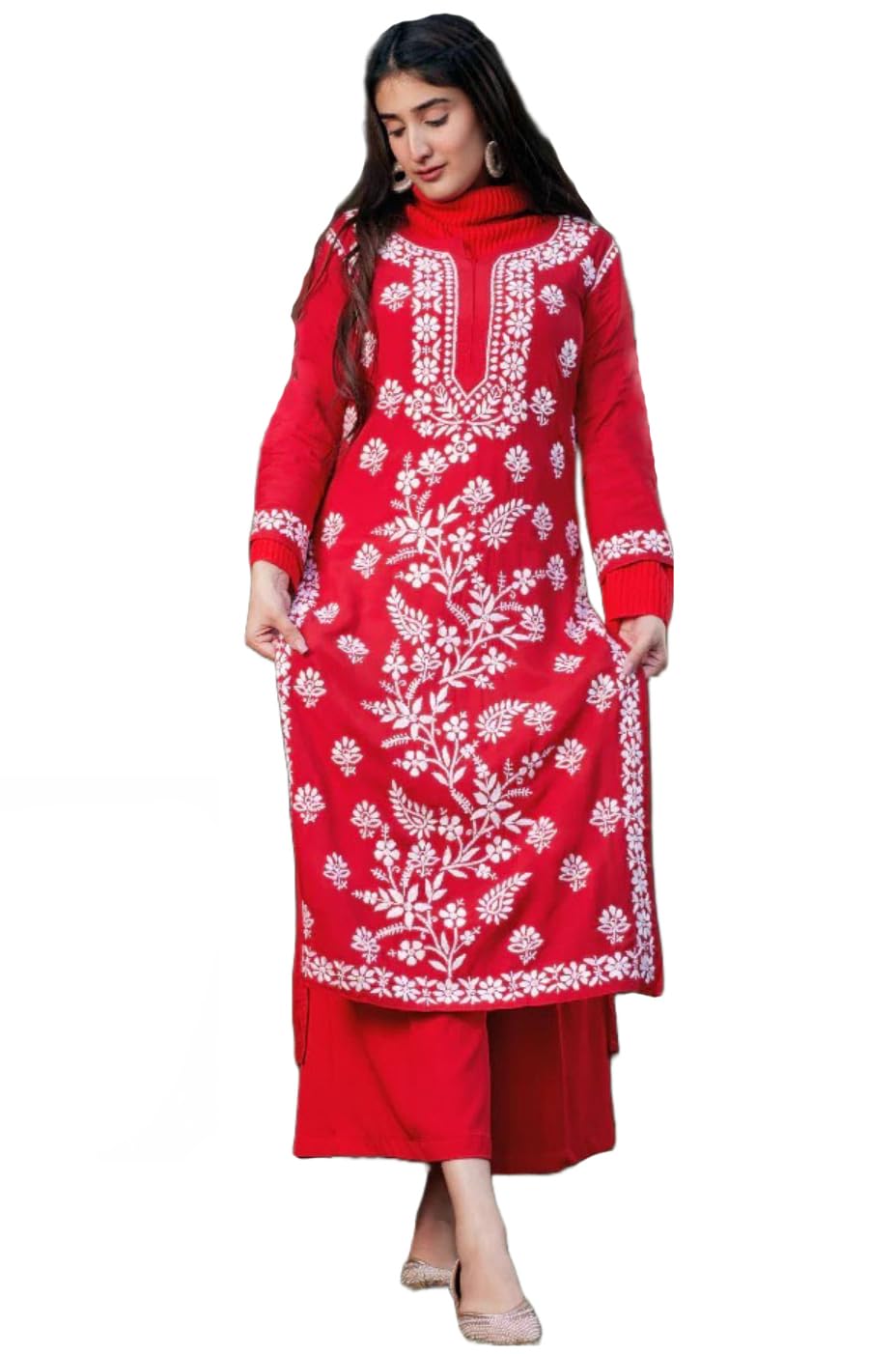 Gosriki Women'S Cotton Blend Chikankari Embroidered Straight Kurta (Dayak Red-Nw-Gs_M_Red_Medium)