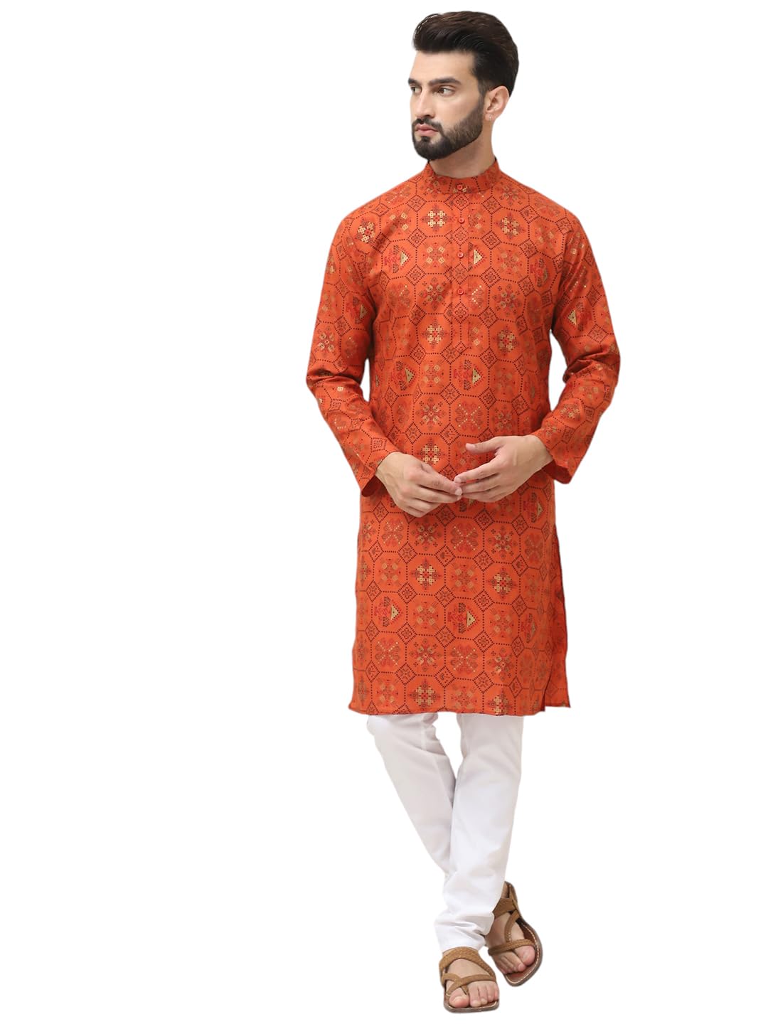 SOJANYA (Since 1958 Mens Cotton Blend Orange Printed Kurta and White Churidar Pyjama Set