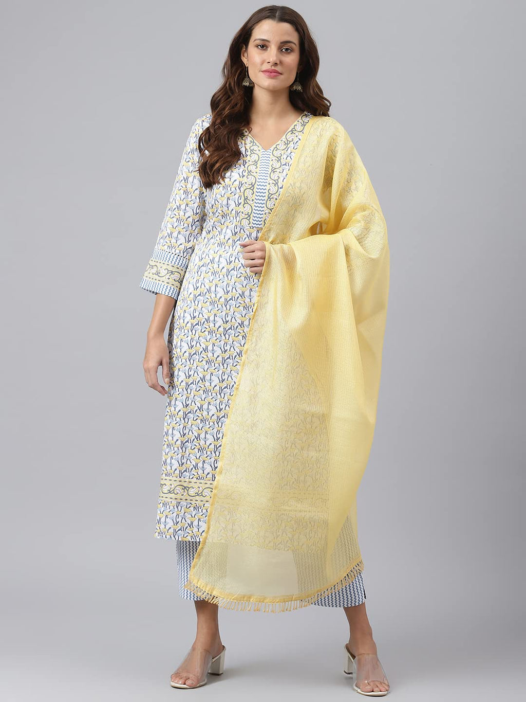 Gosriki Women'S Cotton Blend Straight Printed Kurta With Pant & Dupatta (Mulhar Sty-Go)