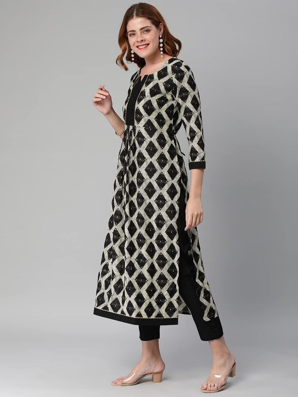 ANNI DESIGNER Womens Cotton Blend Chex Printed Straight Kurta with Pant (Chix Black_M_Black_Medium)