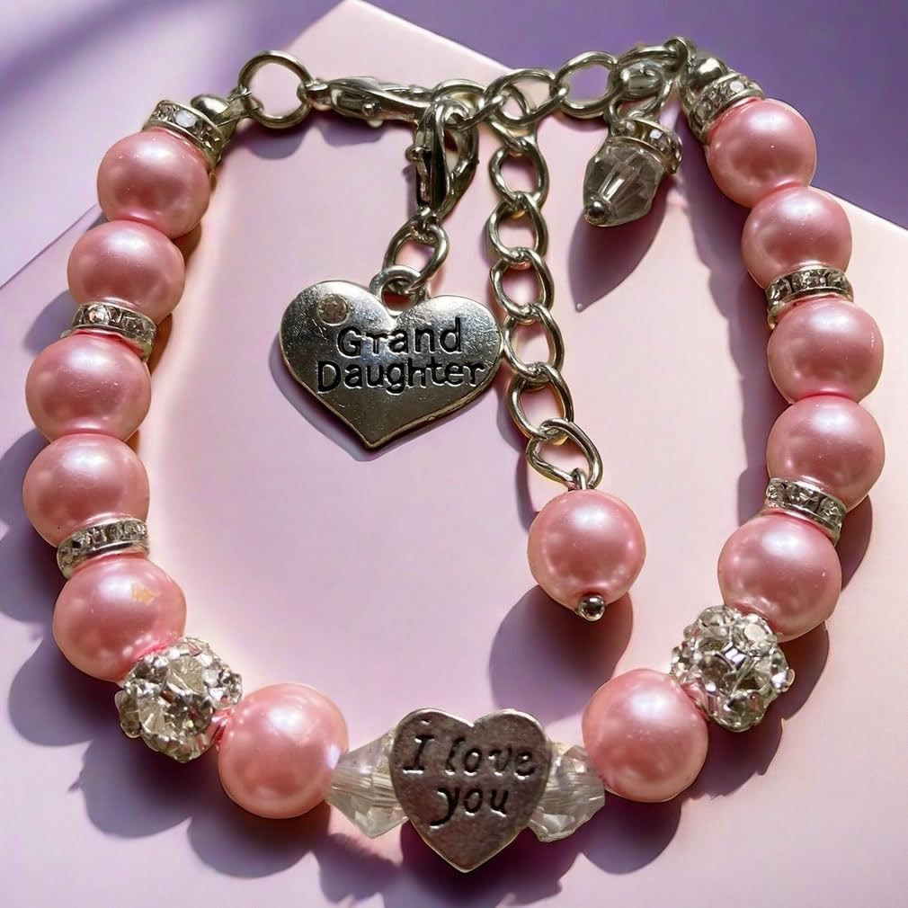 DOLON Pink Glass Pearl Color Crystal I Love You Heart Granddaugther Bracelet Jewelry Back to School Birthday Christmas Holiday G