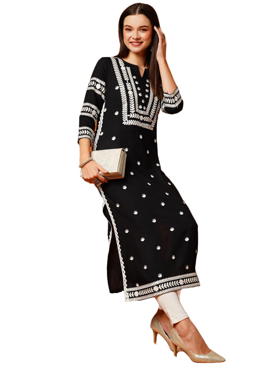 Anni Designer WomenS Cotton Blend Straight Chikankari Embroidered Kurta (Stho-Black-Grt_S_Black_Small)