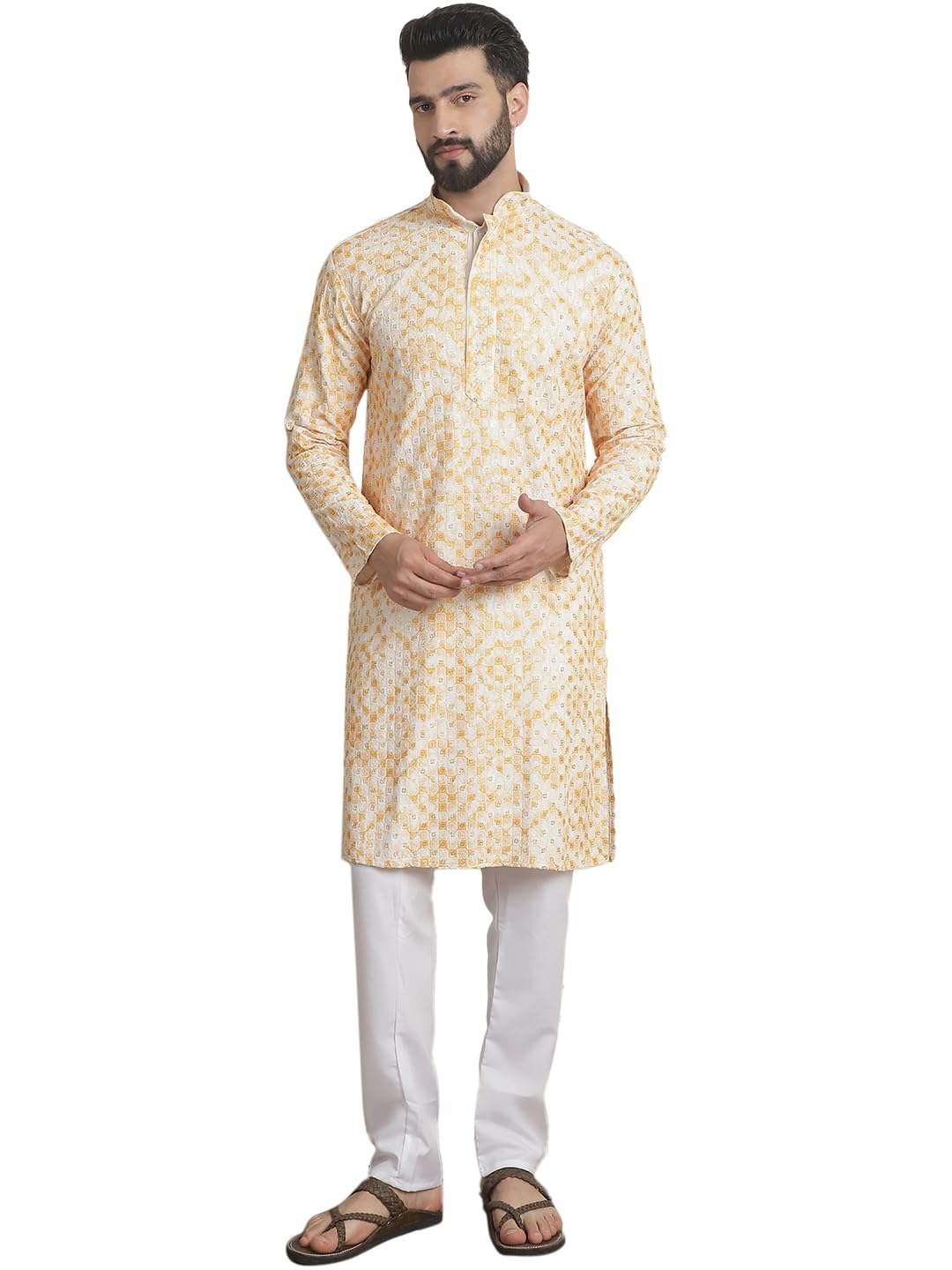 SOJANYA (Since 1958 Mens Cotton Gold Sequinned Embroidered Cream & Mustard Kurta with churidaar Pyjama