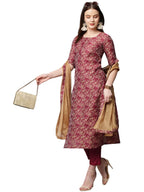 ANNI DESIGNER Womens Banarsi Silk Printed Straight Kurta with Pant & Dupatta See_Red_S