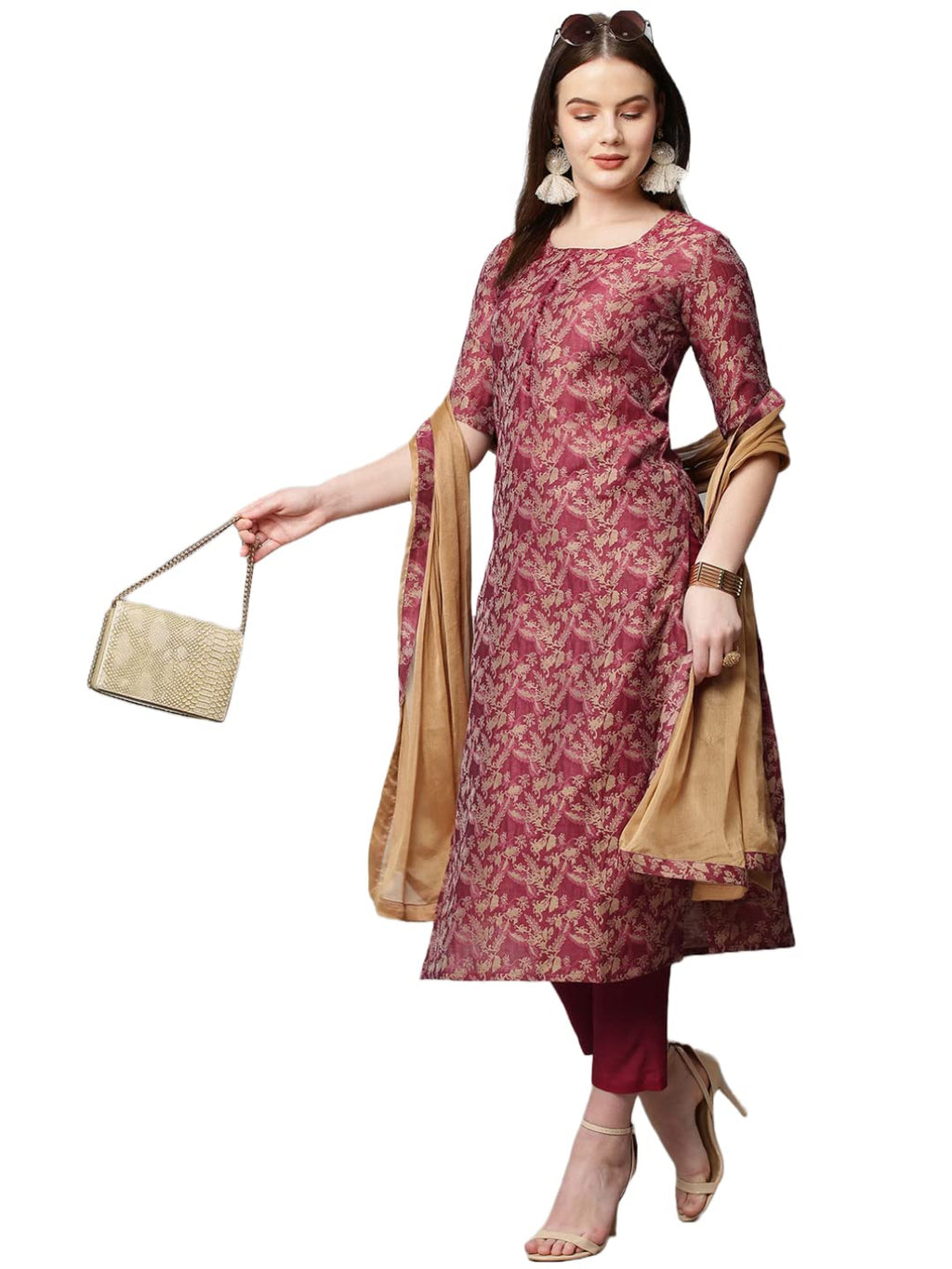 ANNI DESIGNER Womens Banarasi Silk Straight Printed Kurta with Pant & Dupatta (Banarsi-Red-Nw_XXL_Red_XX-Large)