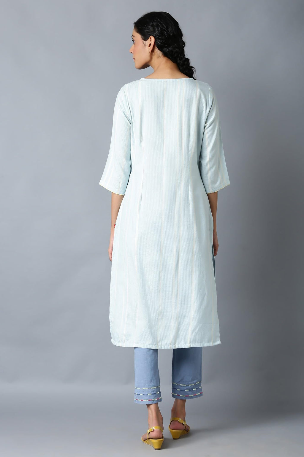 W For Woman Light Blue Vertical Striped Regular Kurta