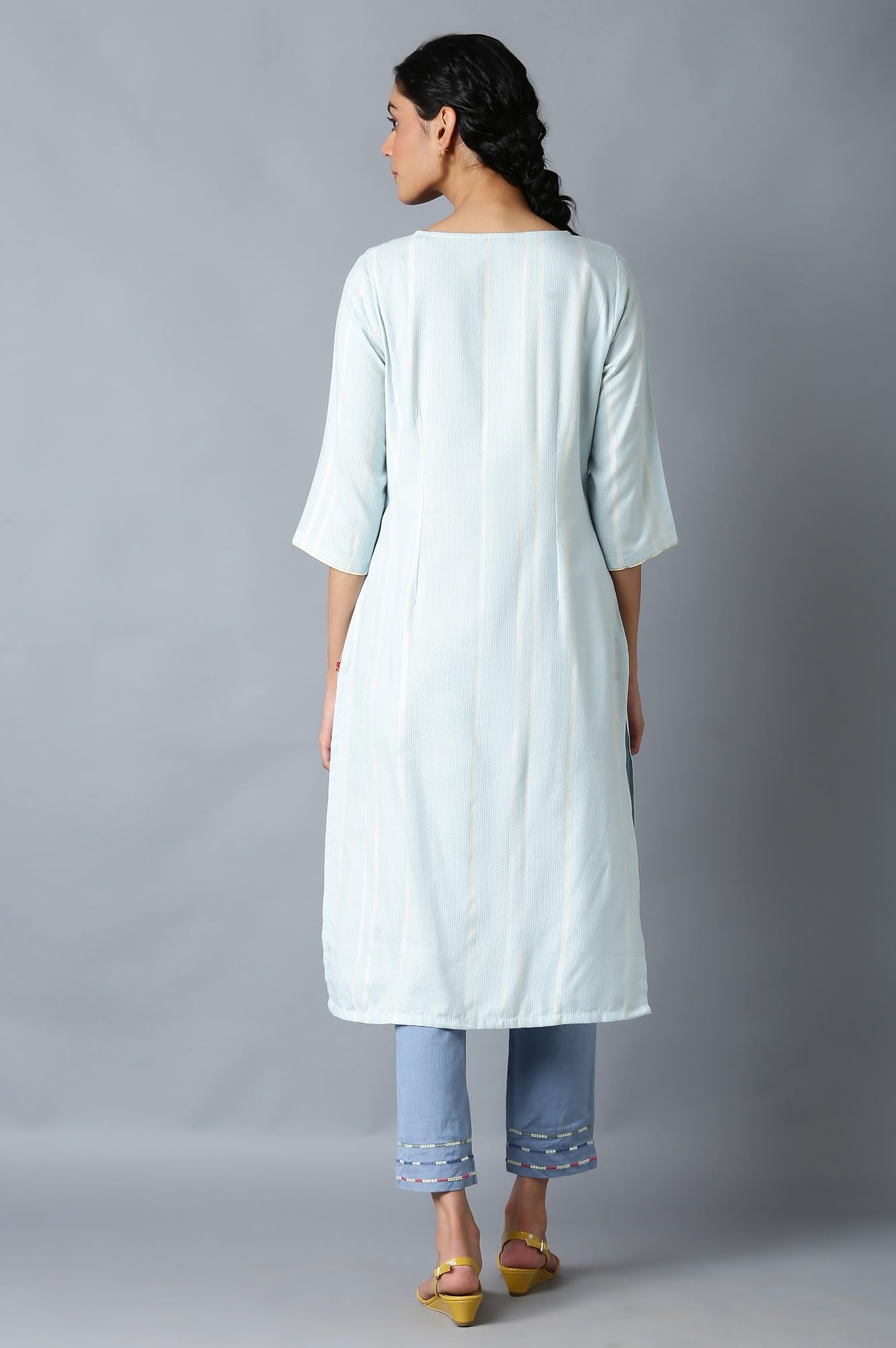 W For Woman Light Blue Vertical Striped Regular Kurta
