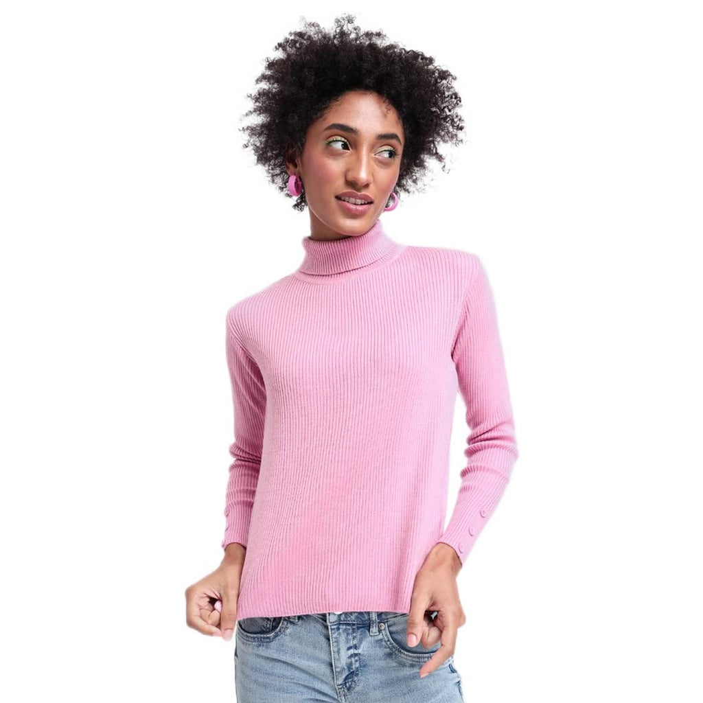 Bewakoof Womens Solid Regular Fit Full Sleeve High Neck Acrylic Sweater Pink