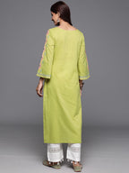 Varanga Women Lime Green Embellished Round Neck Straight Kurta, Thread & Sequins Work, Flared Sleeve, Side Slit, Stylish & Comfo