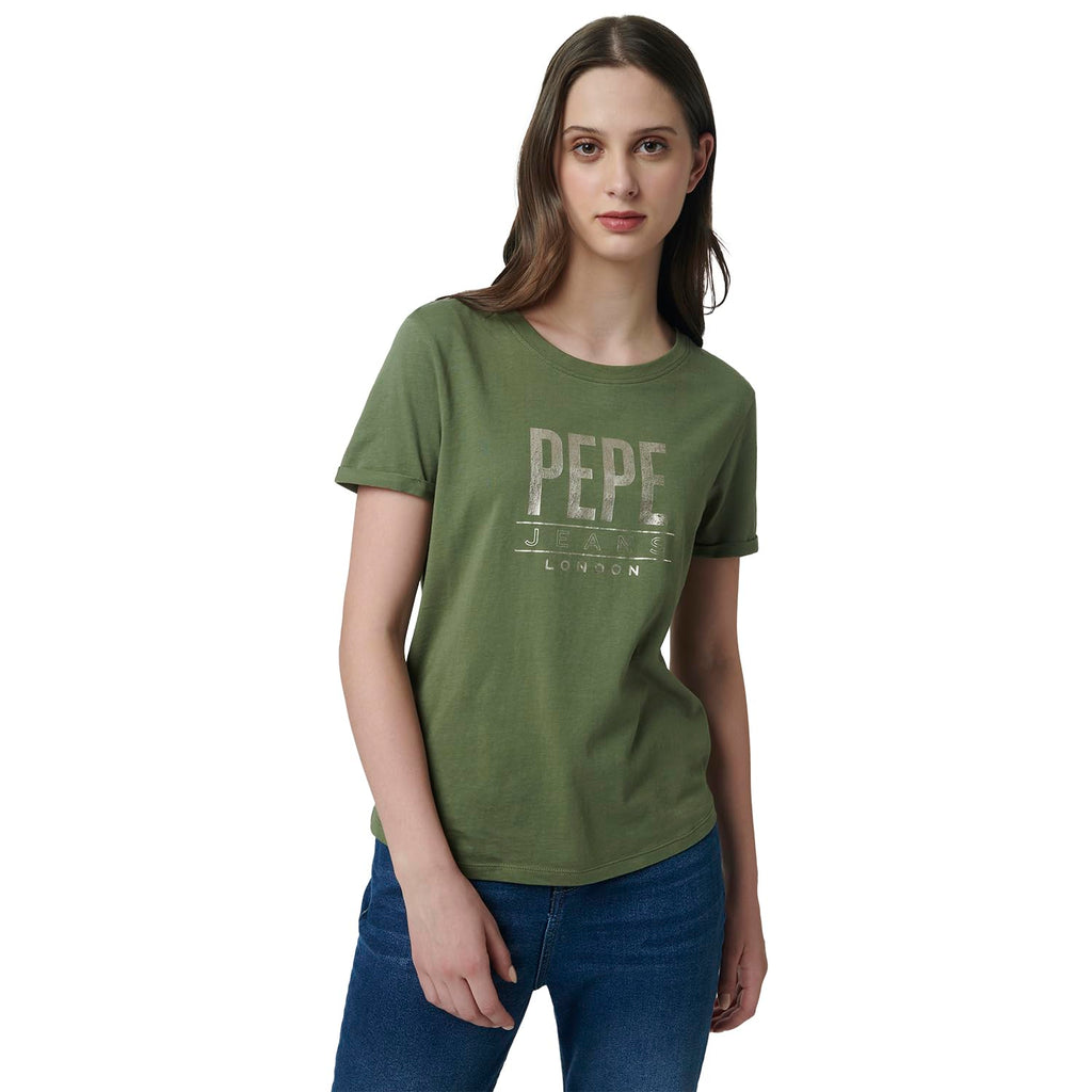 Pepe Jeans Solid Cotton Round Neck WomenS T-Shirt (Green, Medium)