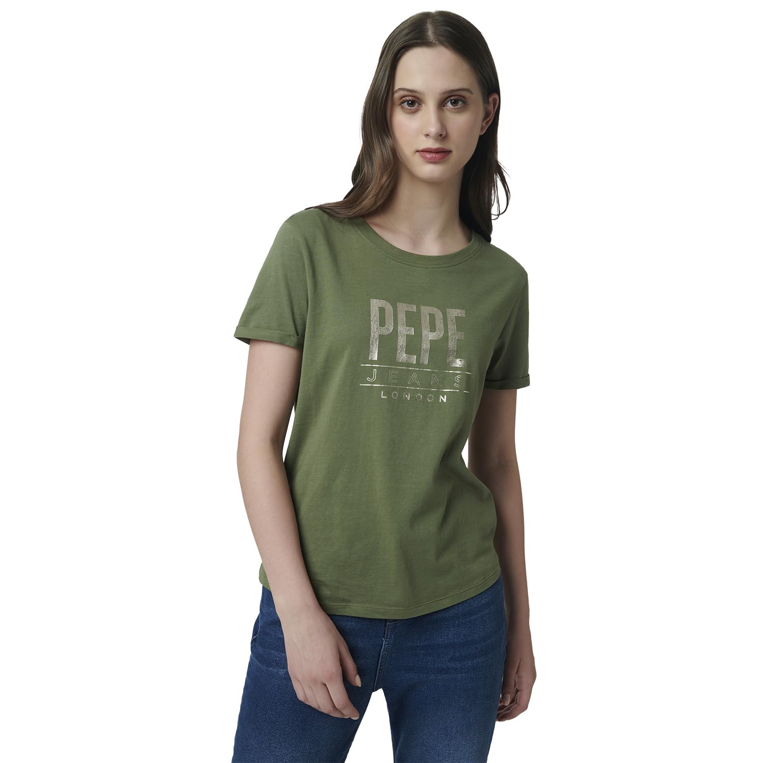 Pepe Jeans Solid Cotton Round Neck WomenS T-Shirt (Green, Medium)