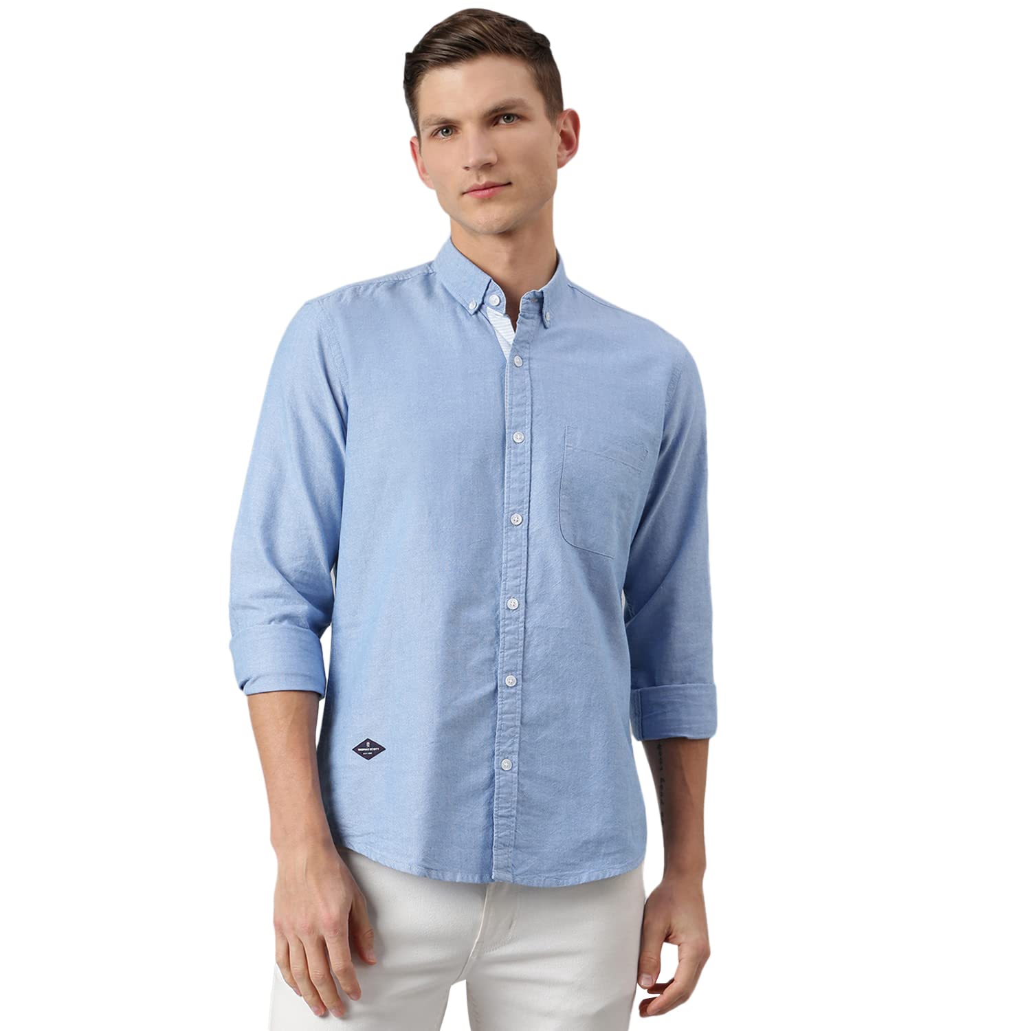 Thomas Scott Mens Solid Slim Fit 100% Cotton Casual Shirt with Button Down Collar and Full Sleeve Blue
