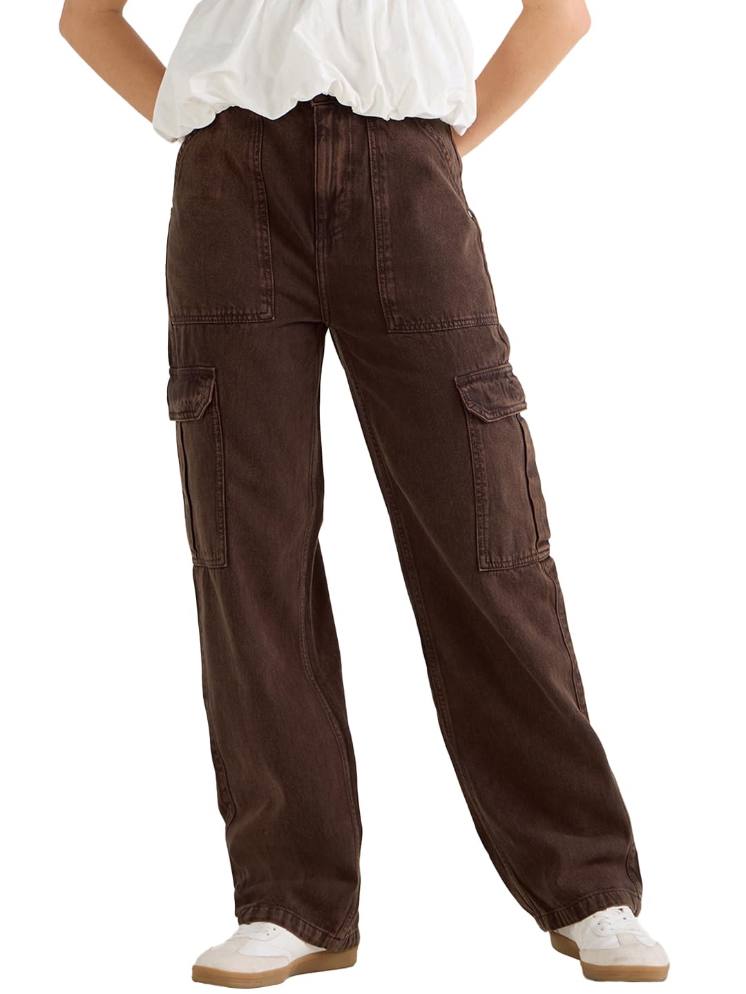Bewakoof Womens Washed Straight Fit 100% Cotton Acid Wash Cargo Jeans_652460_Brown_28