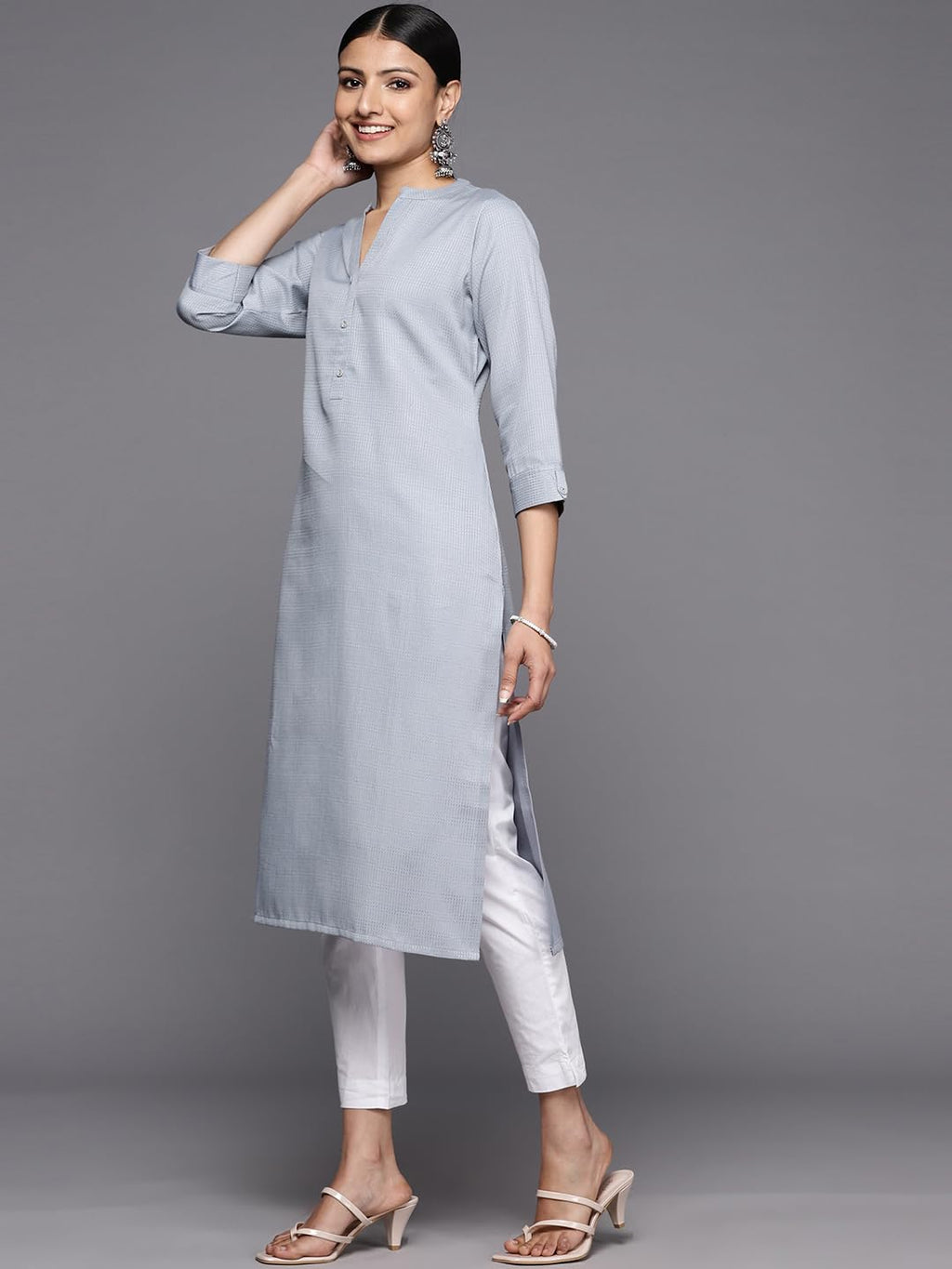 Libas Grey Solid Rayon Straight Kurta
