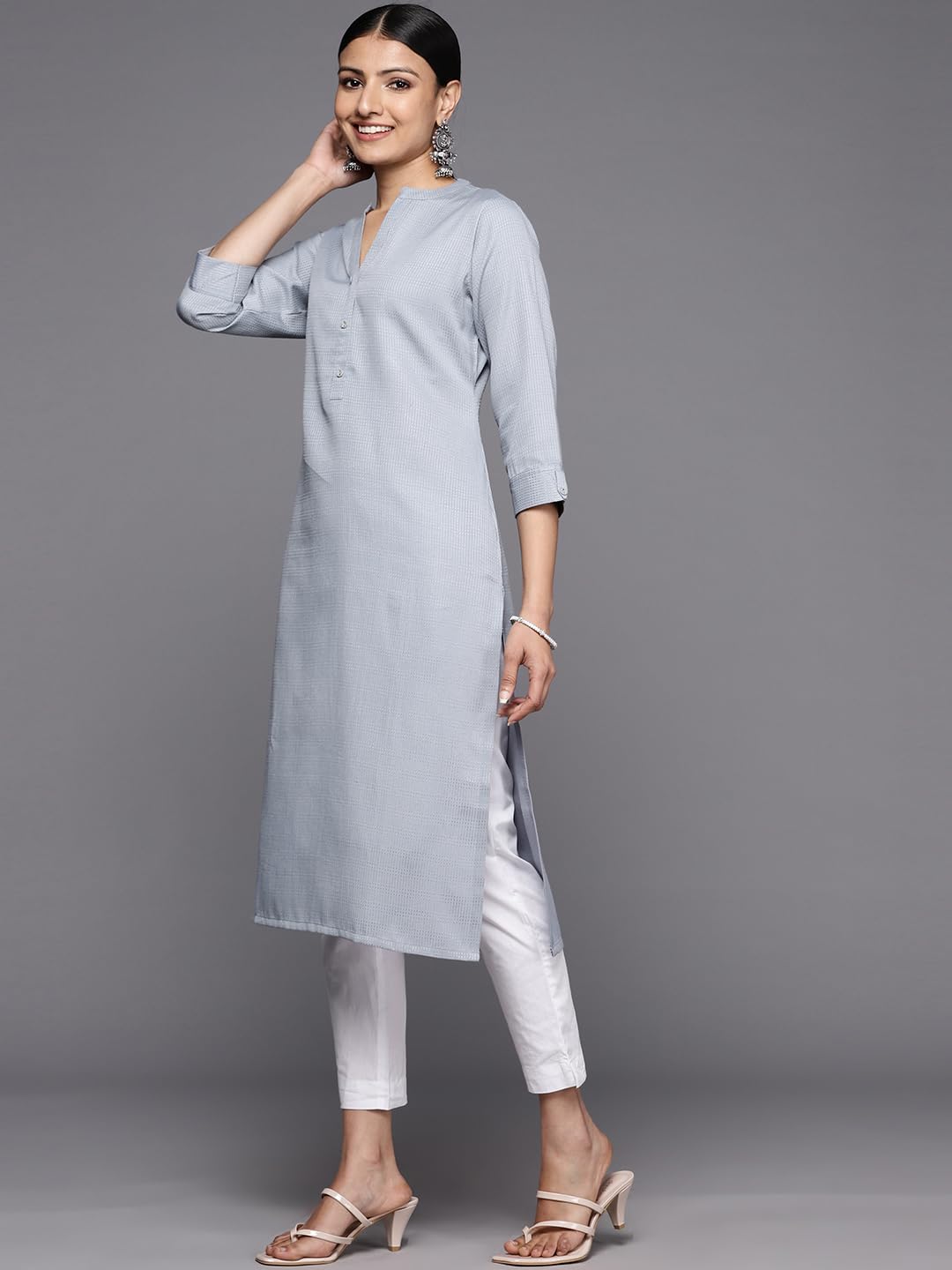 Libas Grey Solid Rayon Straight Kurta