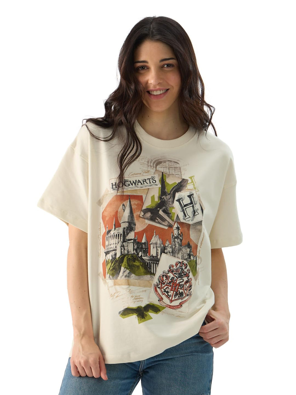 The Souled Store Official Harry Potter: Hogwarts Women and Girls Short Sleeve Round Neck Off White Graphic Printed Cotton Oversi