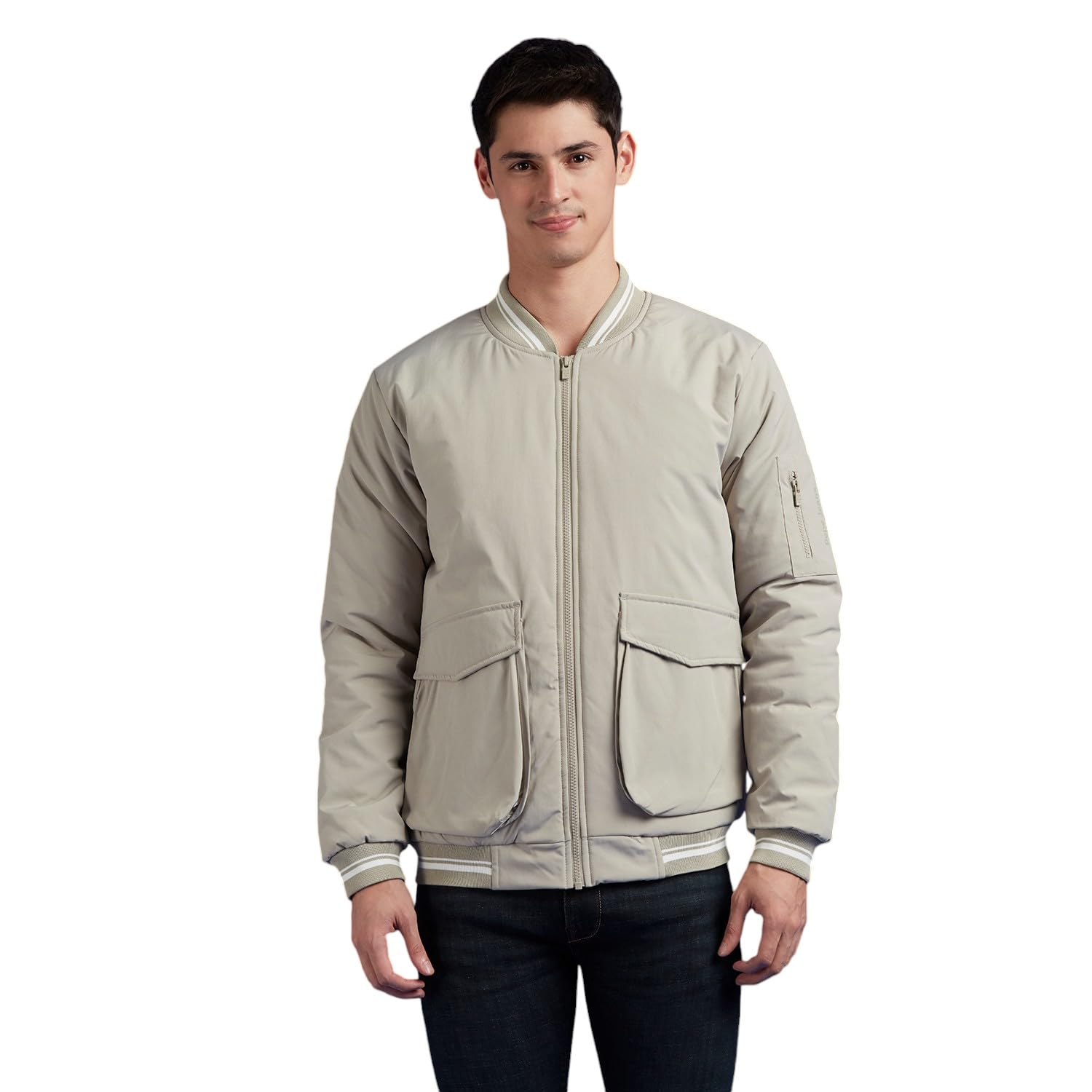 White Ribbed Neck Full Sleeve Jacket
