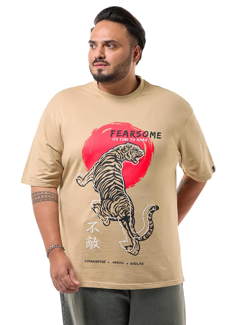 Bewakoof Heavy Duty 1.0 Mens Graphic Print Oversized Fit Half Sleeve Round Neck 60% Cotton;40% Poly Plus Size T-Shirt_637604_Br