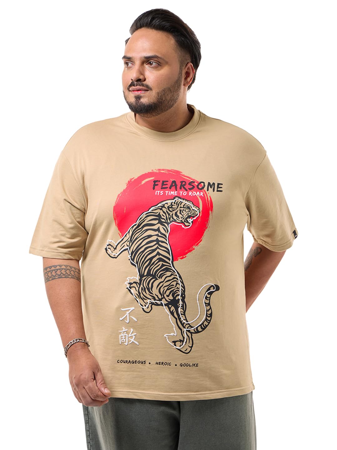 Bewakoof Heavy Duty 1.0 Mens Graphic Print Oversized Fit Half Sleeve Round Neck 60% Cotton;40% Poly Plus Size T-Shirt_637604_Br