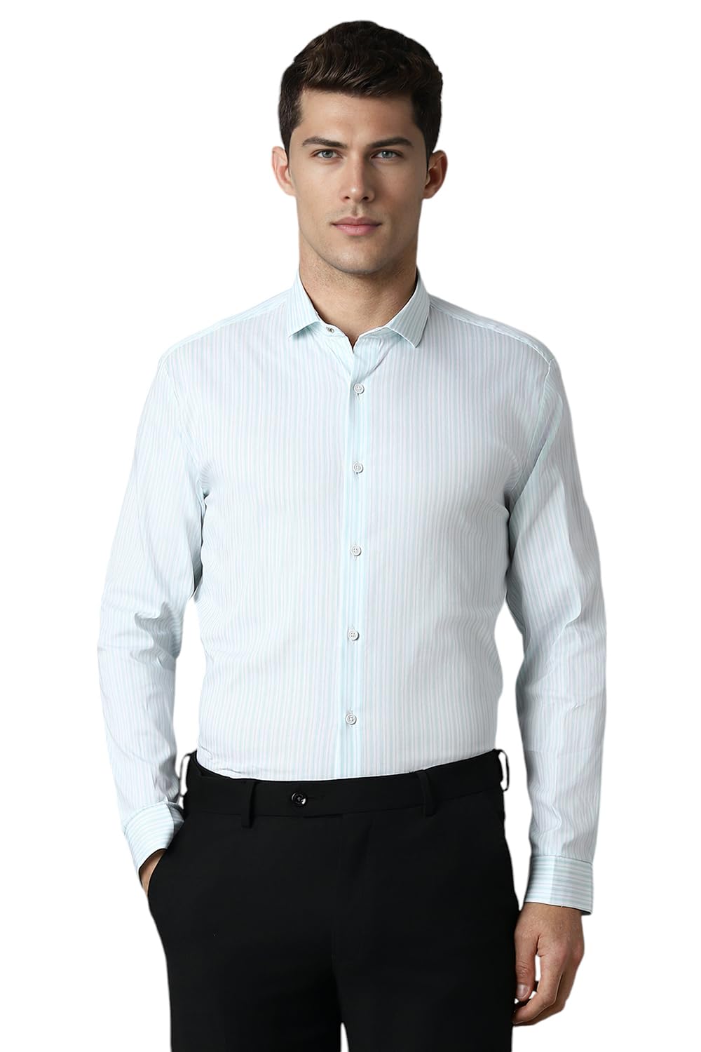 Louis Philippe MenS Striped Super Slim Fit Shirt (Lasfassfv83506_Turquoise