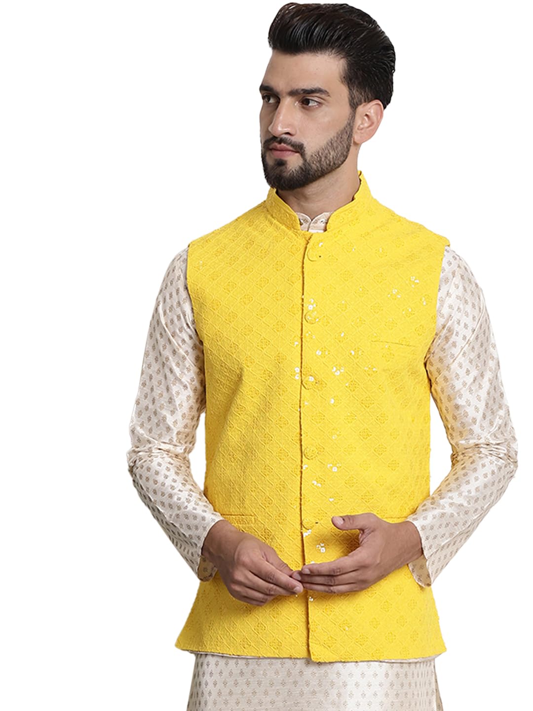 SOJANYA (Since 1958 Mens Pure Cotton, Sequence embroidered Yellow Nehru Jacket