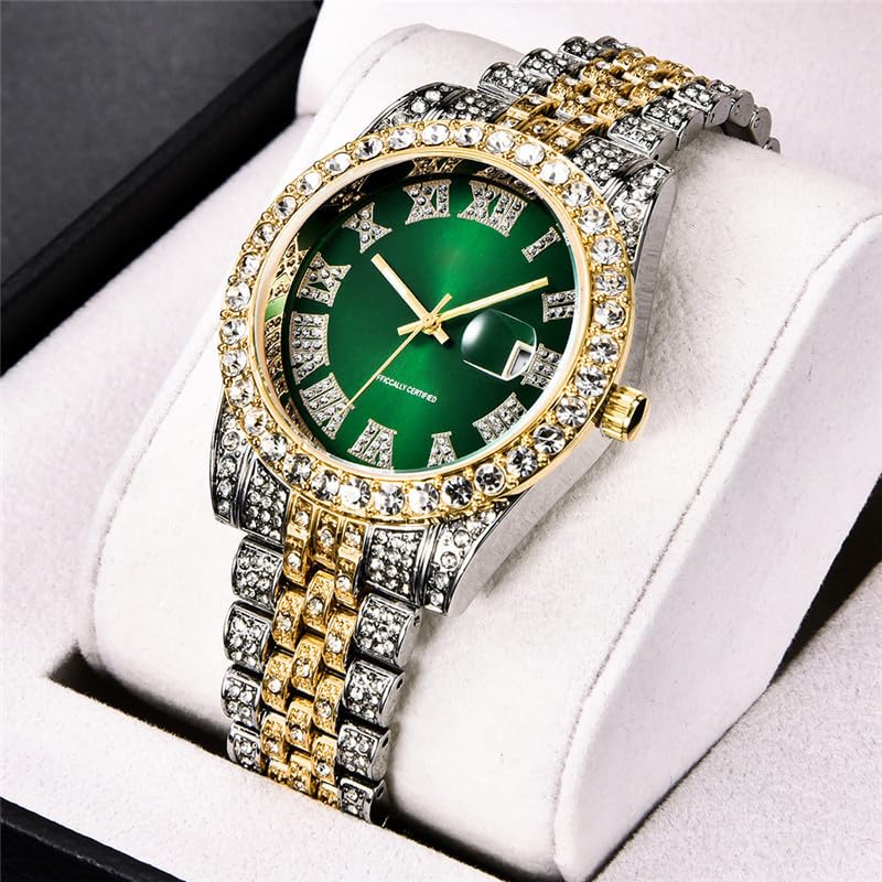 Hip Hop Watches for Men Iced-Out Bling Diamond Luxury Quartz Watches with Date (Green)