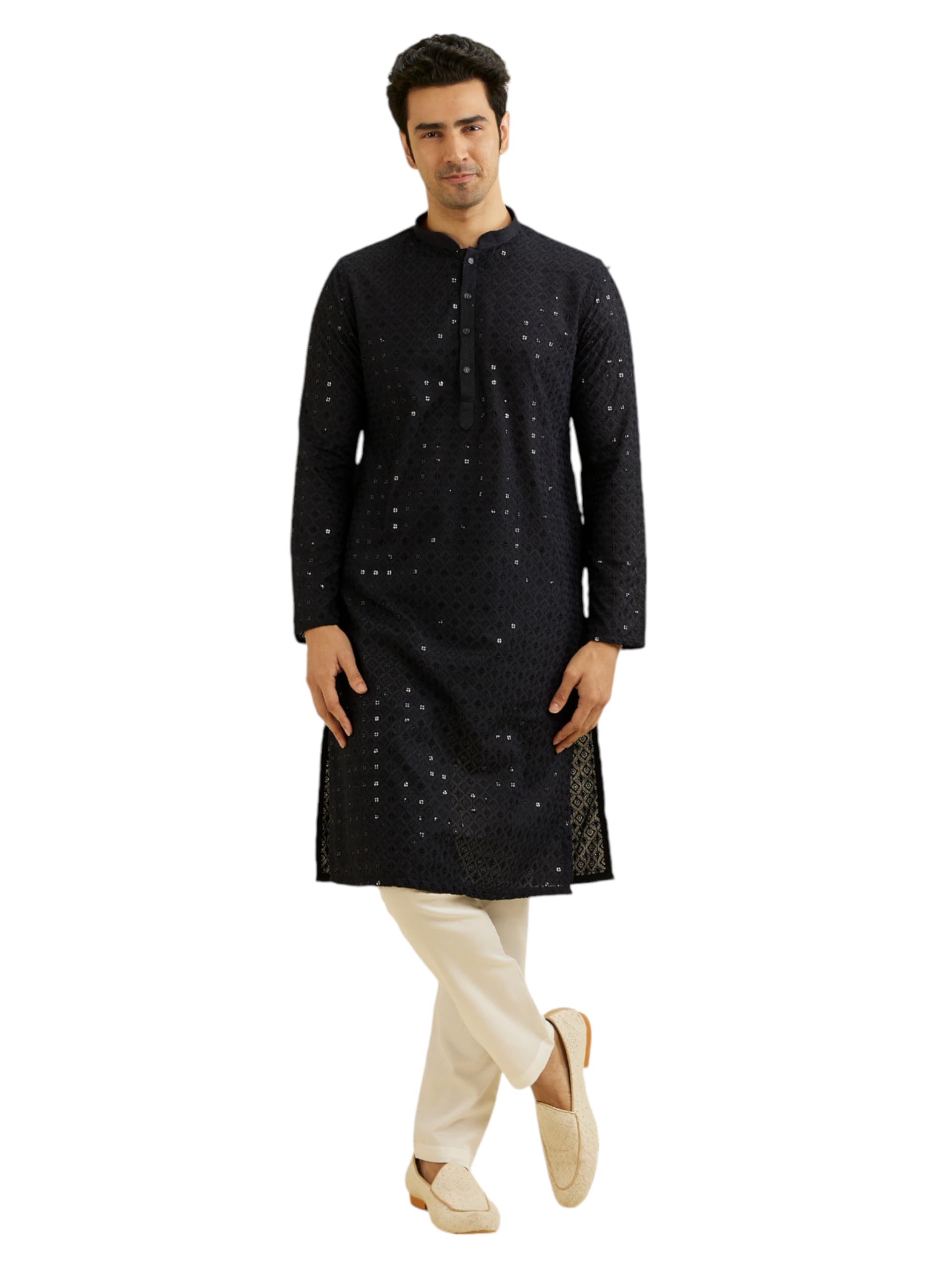 Manyavar Mens Cotton Blend Chikankari | Sequined Kurta Set (Blue,XL)
