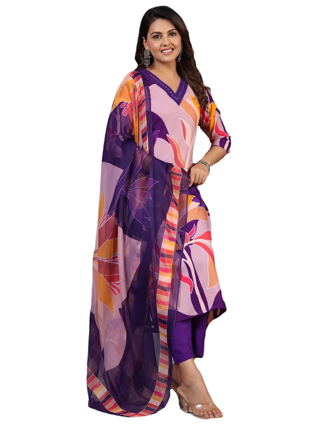 ANNI DESIGNER Womens Rayon Blend Printed Straight Fit Kurta with Pant & Dupatta (KHISSU Violet_S_Violet_Small)