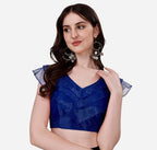 Pujia Mills Womens V Neck Orgenza Three Layer Ruffle Sleeve Frill Readymade Saree Blouse