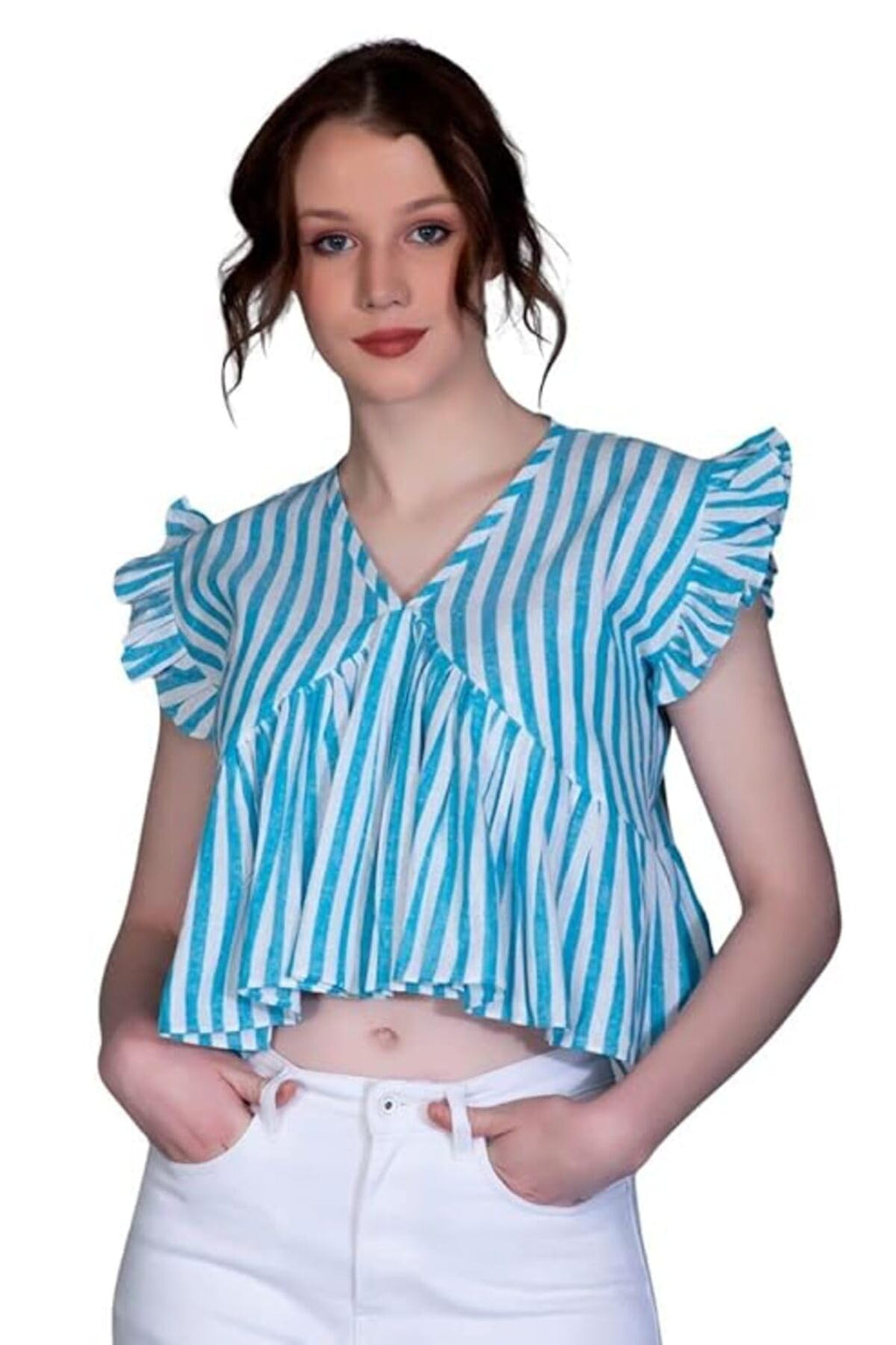 Leriya Fashion WomenS Western Crop Tops | Fancy Stripped With Ruffle Sleeves | Button Down Lightweight Cotton For Girls | Suita