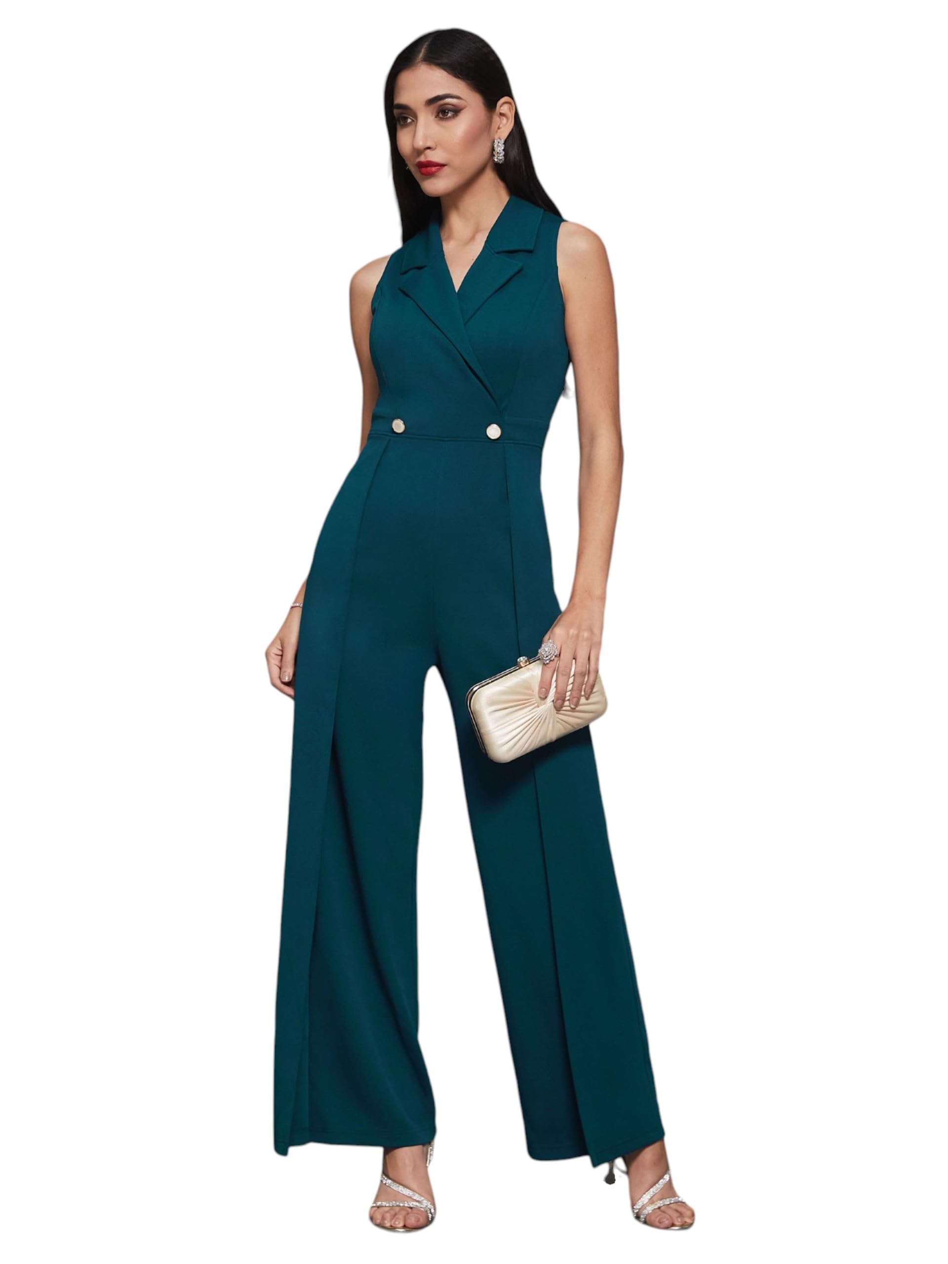 Miss Chase Womens Notched Collar Sleeveless Solid Wrap Regular Length Jumpsuit (MCAW24D19-67-83-06, Teal, XL)