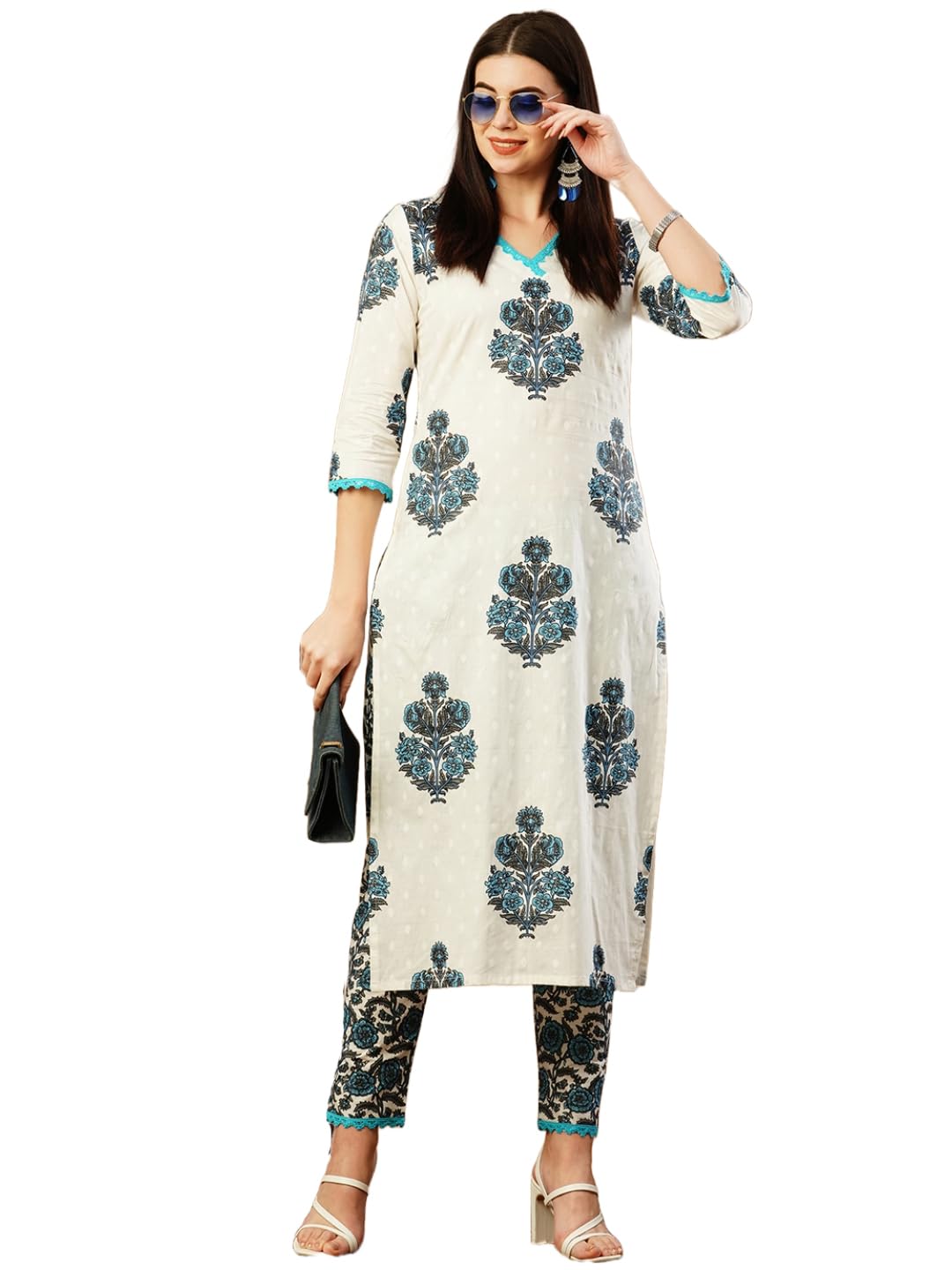 ANNI DESIGNER Womens Cotton Blend Straight Printed Kurta & Pant (Cheer White_M_White_Medium)
