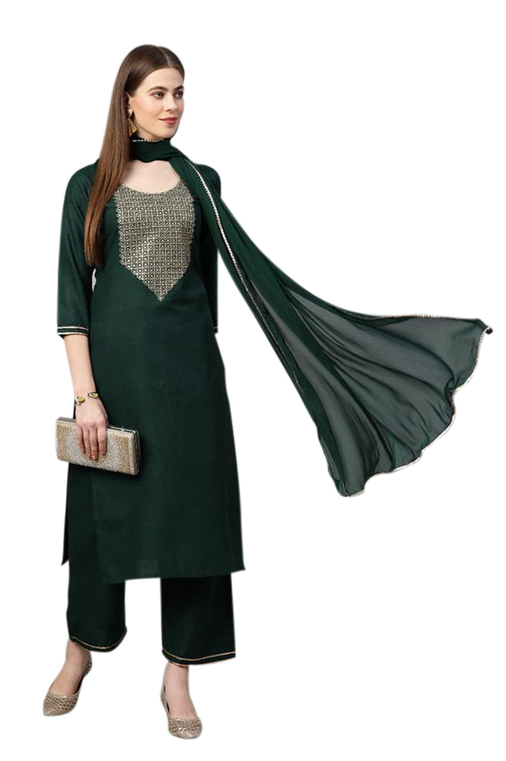 ANNI DESIGNER Women's Ruby Cotton Solid Straight Kurti with Palazzos & Dupatta Set (Label Green-SM_S_Green_Small)