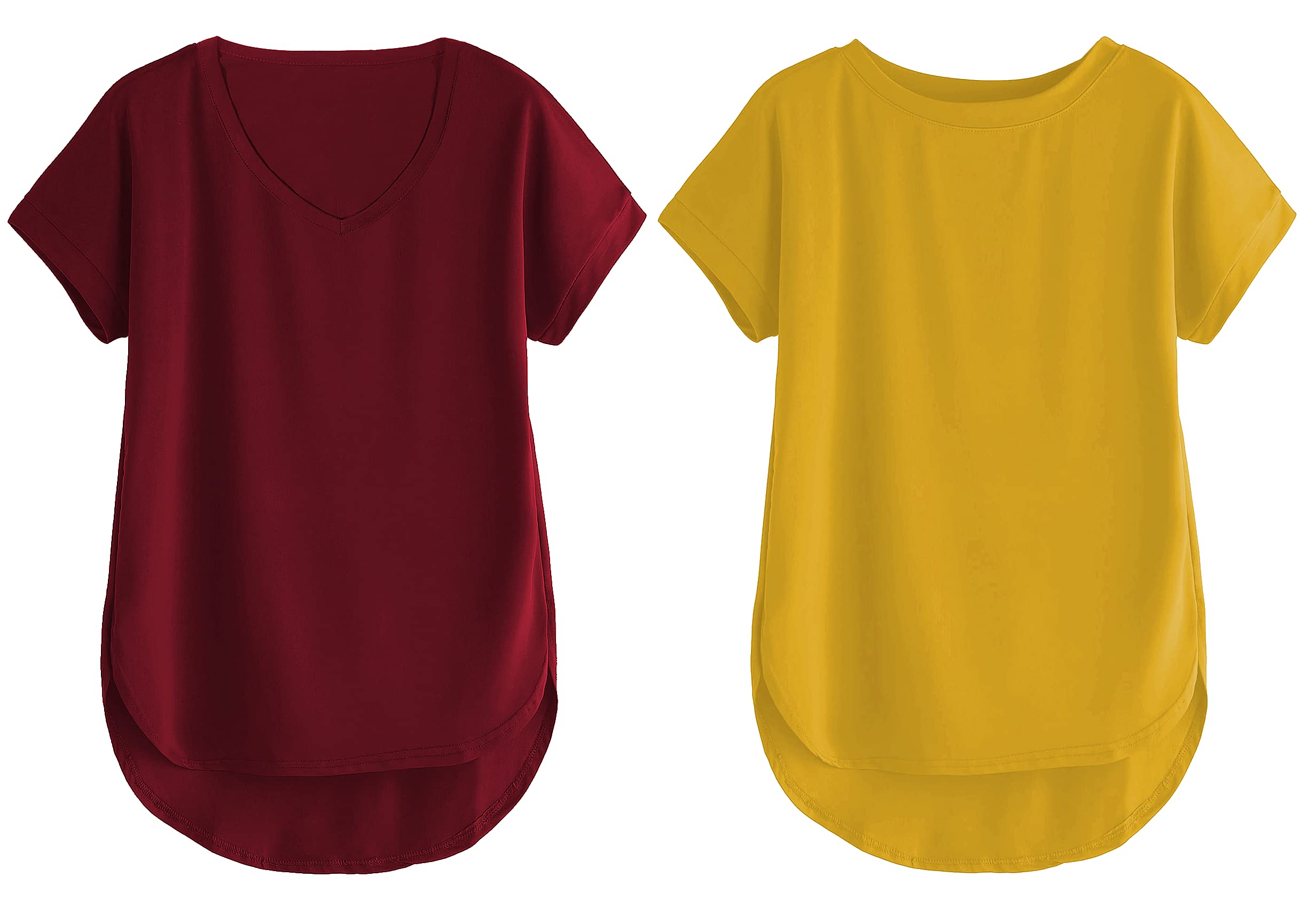 Fabricorn Combo Of Plain Maroon V-Neck And Mustard Yellow Round Neck Up And Down Cotton Tshirt For Women (Maroon And Mustard Yel
