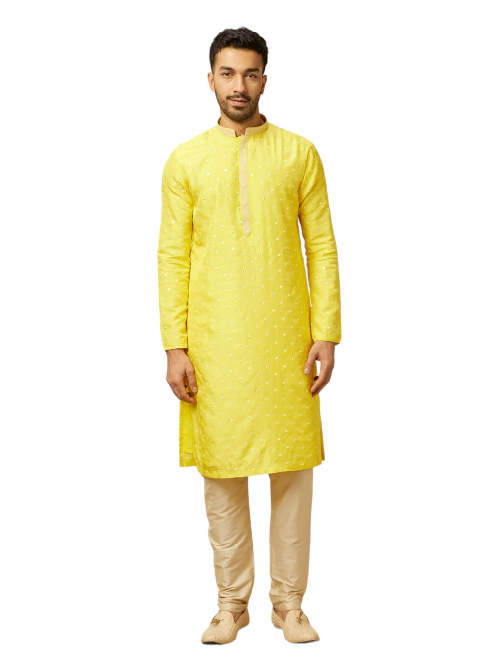 Manyavar Mens Yellow Embroidered Sequinned Kurta Pyjama Set (Yellow,XL)