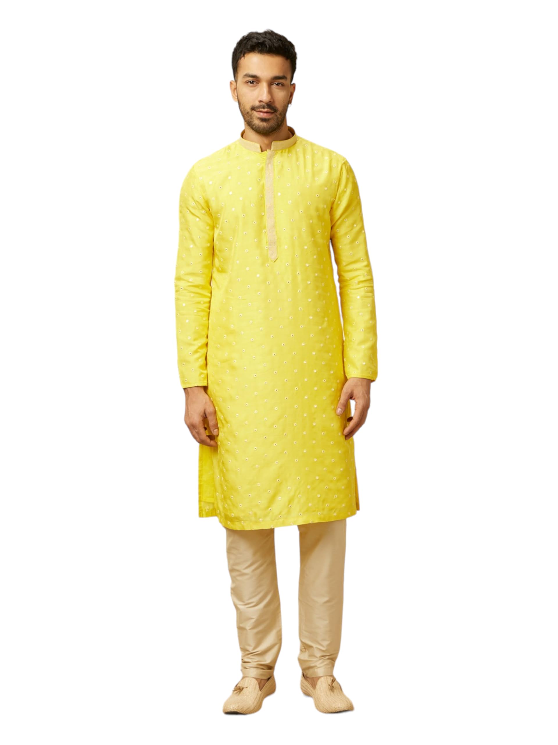 Manyavar Mens Yellow Embroidered Sequinned Kurta Pyjama Set (Yellow,XL)