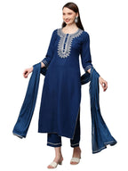 ANNI DESIGNER Womens Cotton Blend Straight Embroidered Kurta with Pant & Dupatta Set (Dhati Kerosin_S_Dark Blue_Small)