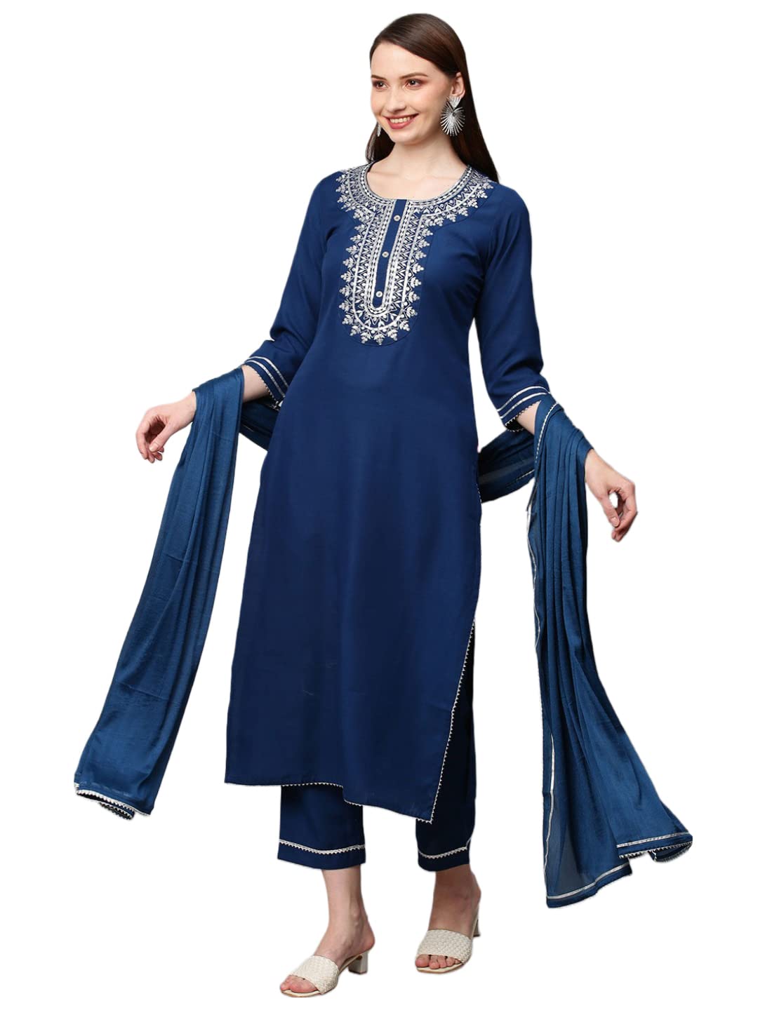 ANNI DESIGNER Womens Cotton Blend Straight Embroidered Kurta with Pant & Dupatta Set (Dhati Kerosin_4XL_Dark Blue_XXXX-Large)