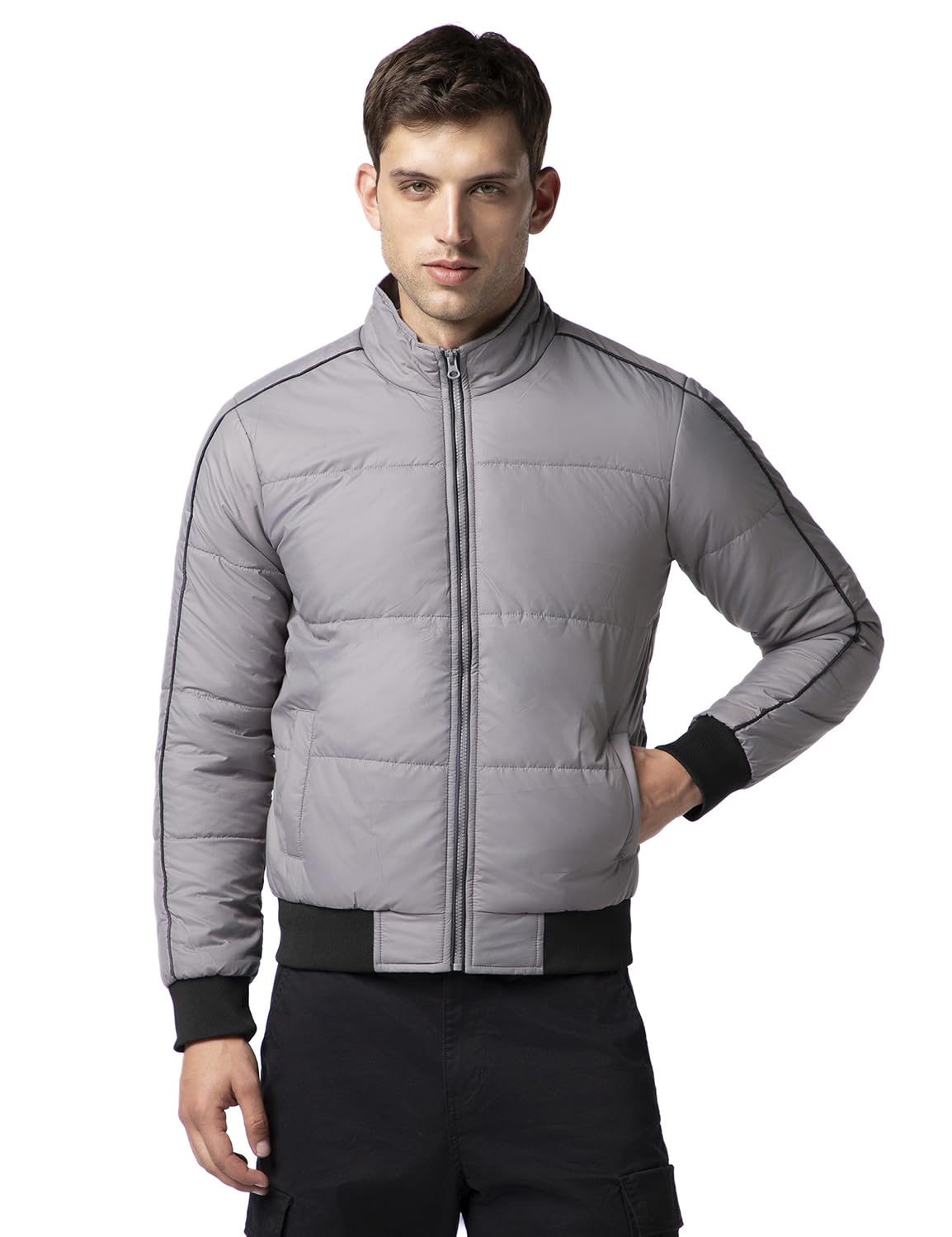 FYLTR Mens Lightweight Winter Puffer Jacket with Contrast Piping Detail - Stand Collar | Full Zipper | Side Pockets | Ribbed He