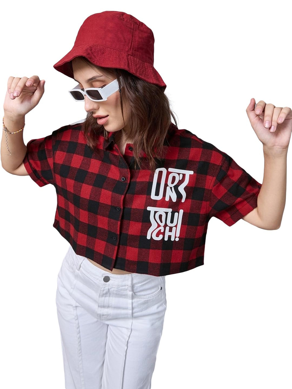 Bewakoof Official Disney Merchandise Womens Checked Oversized Fit Half Sleeve Collared Neck Cotton Blend Crop Shirt_617276_Red_
