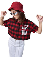 Bewakoof Official Disney Merchandise Womens Checked Oversized Fit Half Sleeve Collared Neck Cotton Blend Crop Shirt_617276_Red_