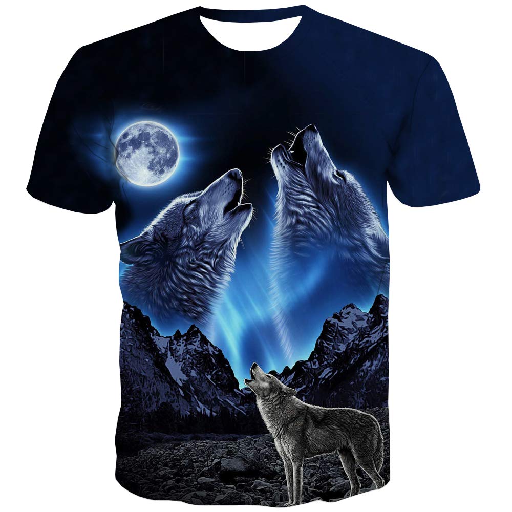 QCIV Wolf at Moon Shirt Mens Animal Wolves 3D Print Tshirt Short Sleeve (M, Wolf Moon T-Shirt)