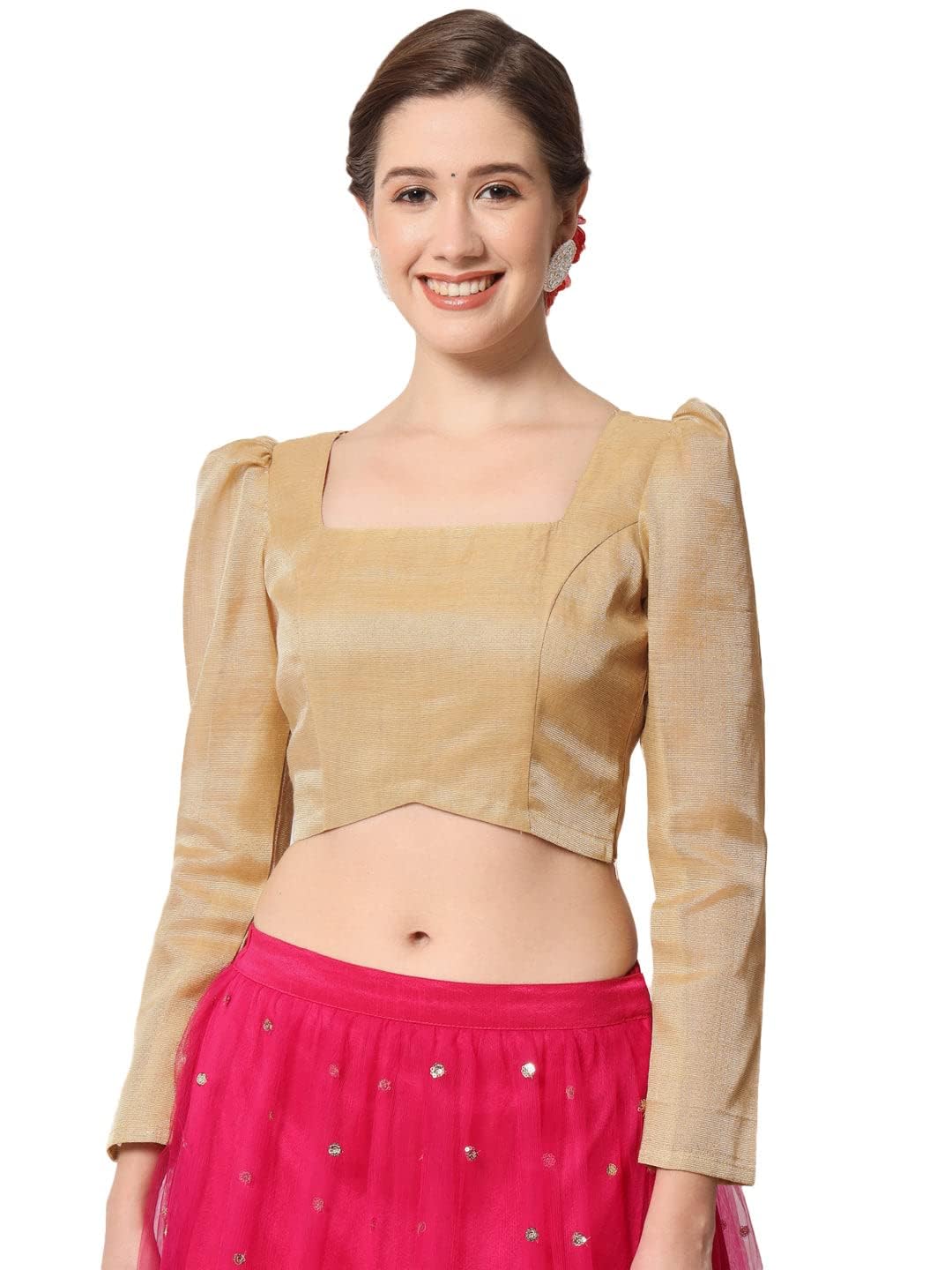 Studio Rasa WomenS Plus Size Cotton Tissue Sheer Sleeves Crop Top For Festive Wedding Party (Tpwc123082Xl_Gold_Xxl, Fitted) 2