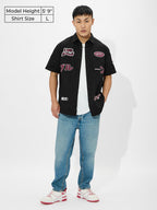 The Souled Store Cars: Rest-eze Men and Boys Collared Neck Button Front Black Graphic Printed Cotton Oversized Half Sleeve Shirt