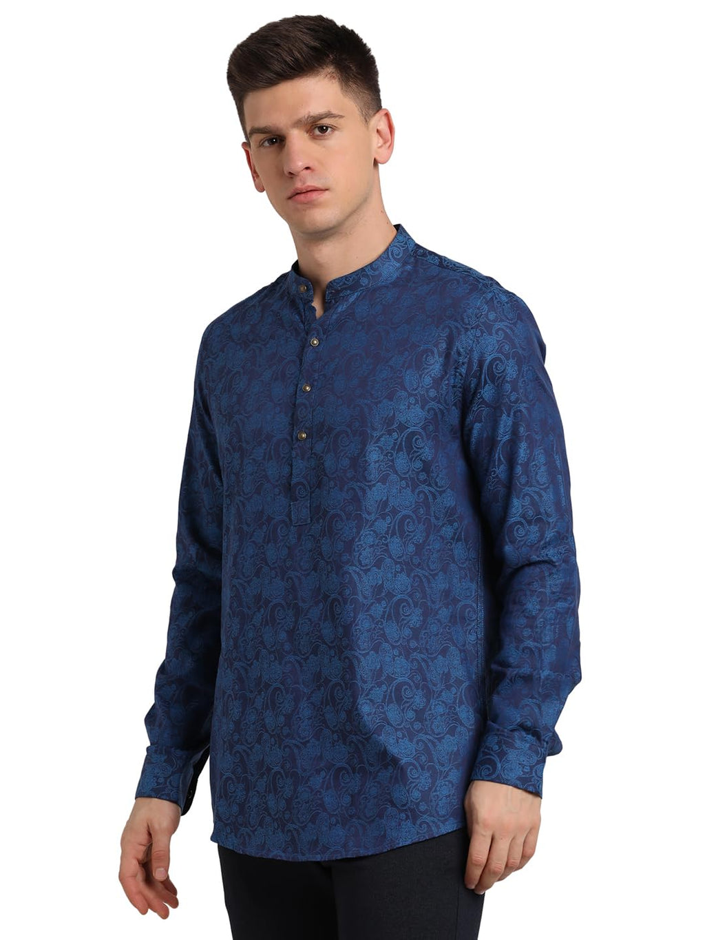 Turtle Men 100% Cotton Navy Jacquard Slim Fit Party Kurta Shirt