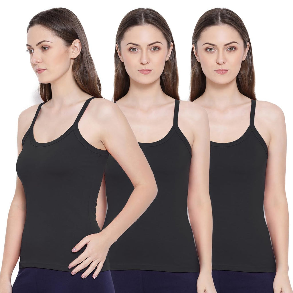 Rupa Softline Solid Regular Women Super Combed Cotton Camisole, Under-Shirt, Stretchable and Body-Hugging, Black,Pack of 3 (201-