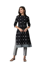 W Black Cotton Floral Printed Regular Kurta For Women