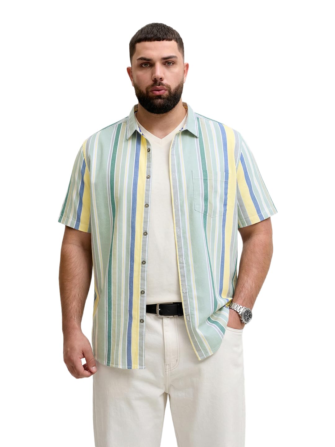 The Indian Garage Co Mens Plus Size Regular Fit Striped Cutaway Collar Half Sleeves Shirt