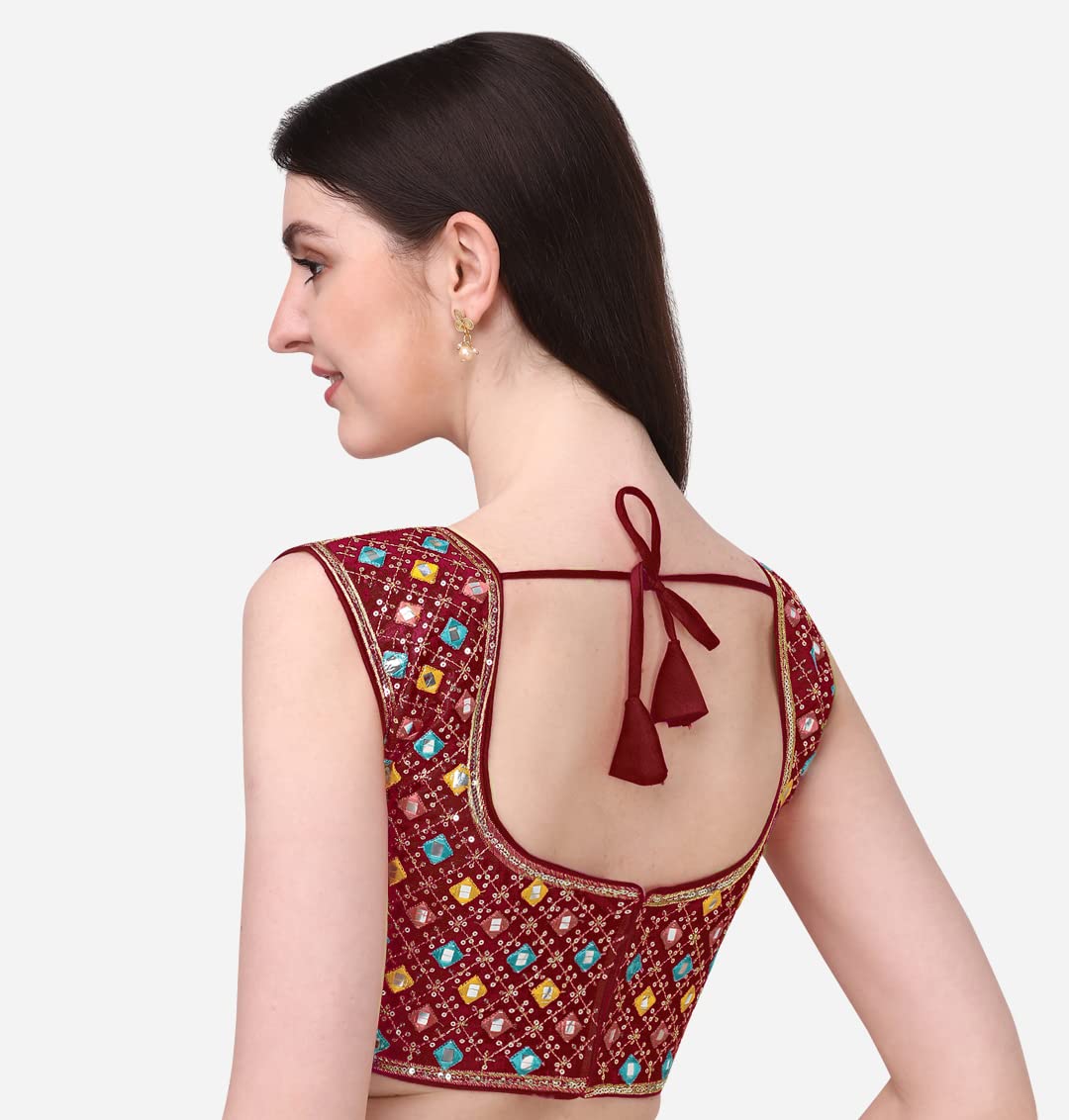 Pujia Mills WomenS Silk Embroidery Foil Work Sleeveless Readymade Saree Blouse